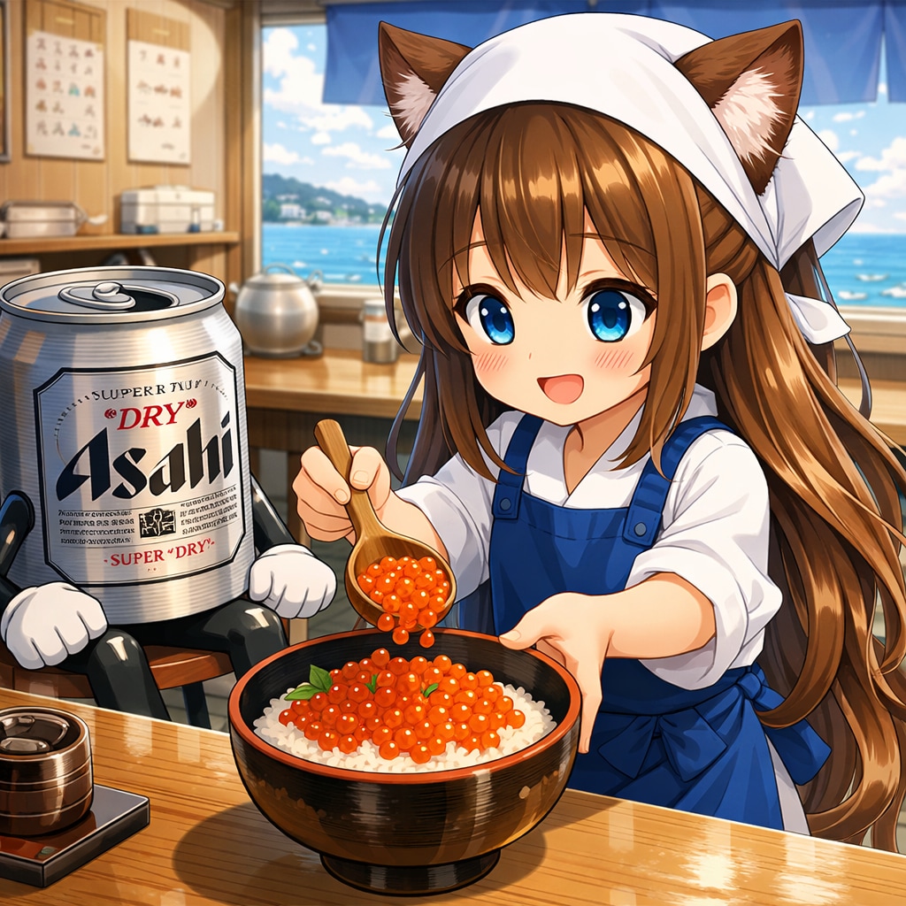 イクラ丼にイクラを盛る小さな女の子