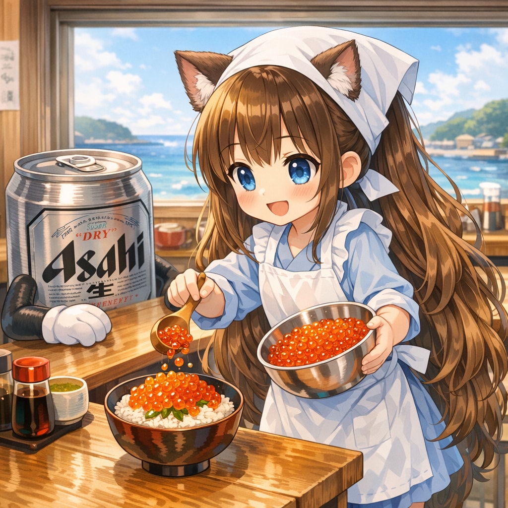 イクラ丼にイクラを盛る小さな女の子