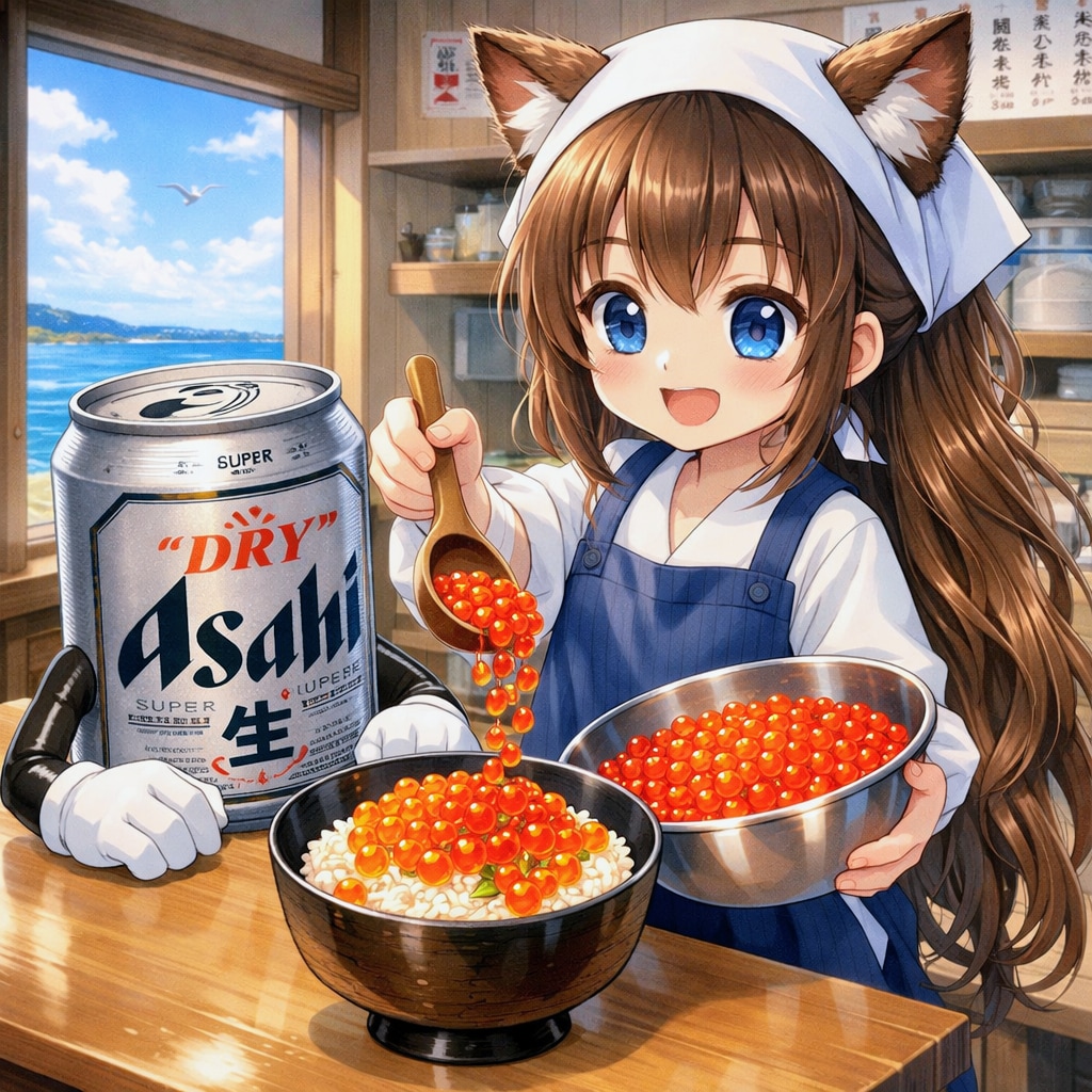 イクラ丼にイクラを盛る小さな女の子