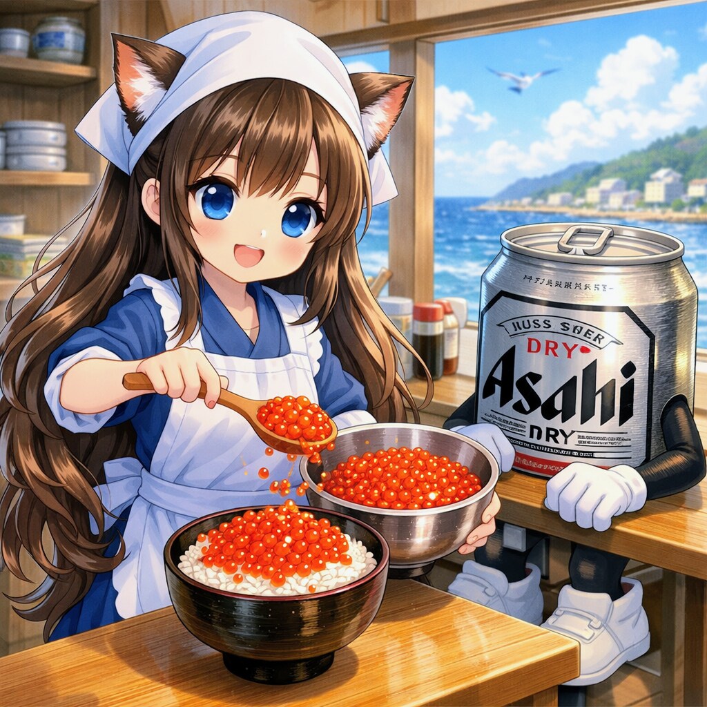 イクラ丼にイクラを盛る小さな女の子