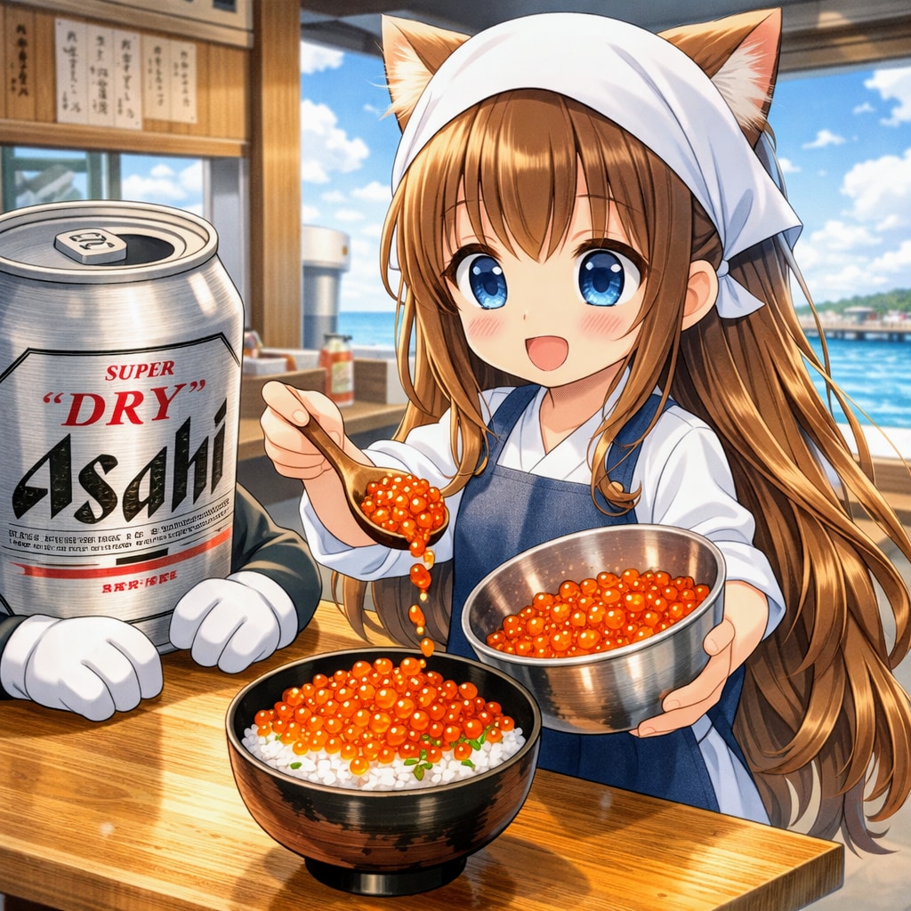 イクラ丼にイクラを盛る小さな女の子