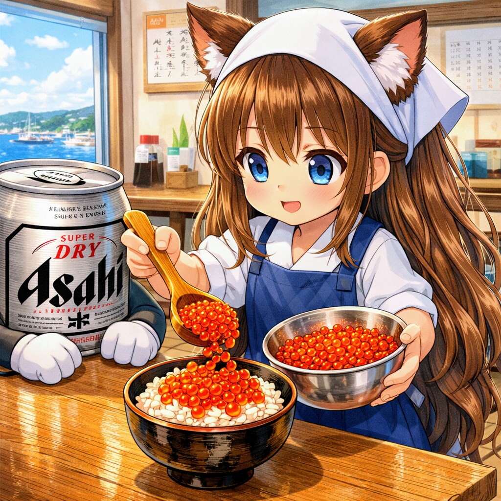 イクラ丼にイクラを盛る小さな女の子