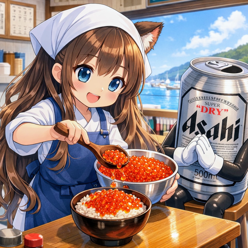 イクラ丼にイクラを盛る小さな女の子