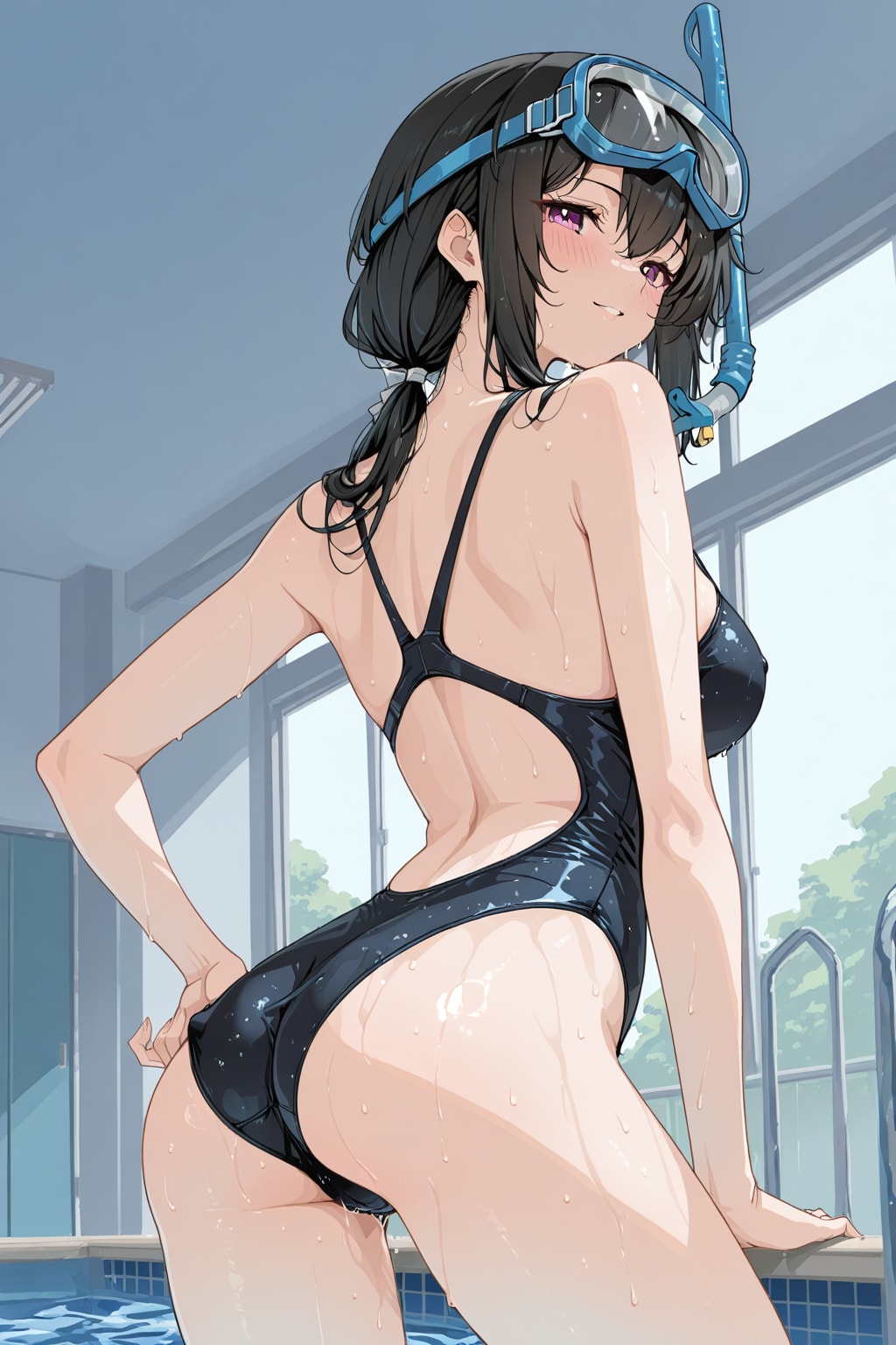 背中を向ける競泳水着の少女