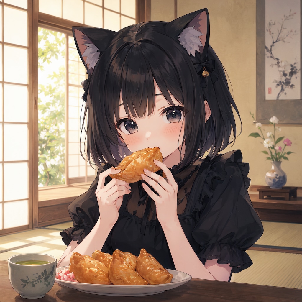 いなりずしをほおばる