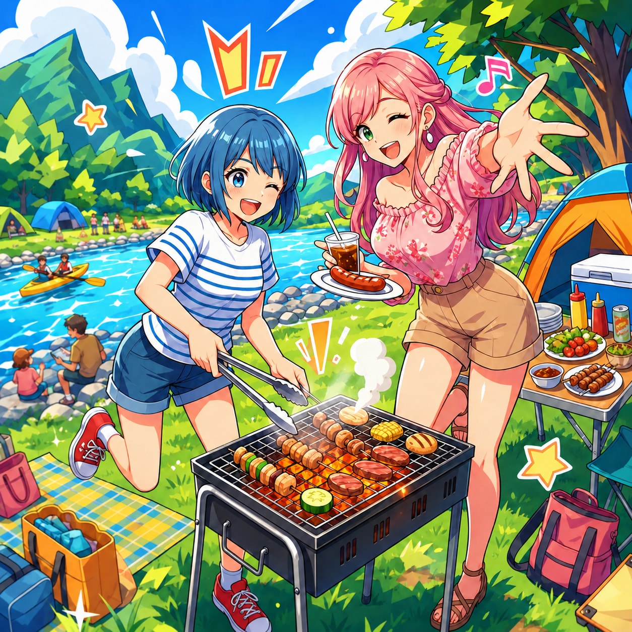 きらめく川辺で、姉妹の夏休み | の人気AIイラスト・グラビア