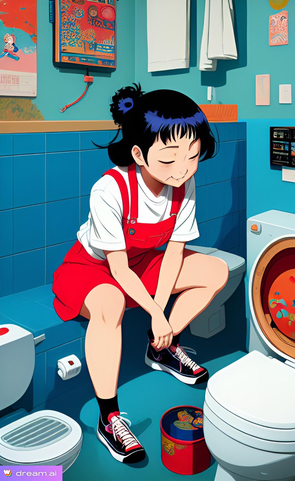 「このトイレはいいトイレ？それとも悪いトイレ？うーん、割と良さそうだからここでヤッていこうかな♥」（ヌードピンナップの１１）
