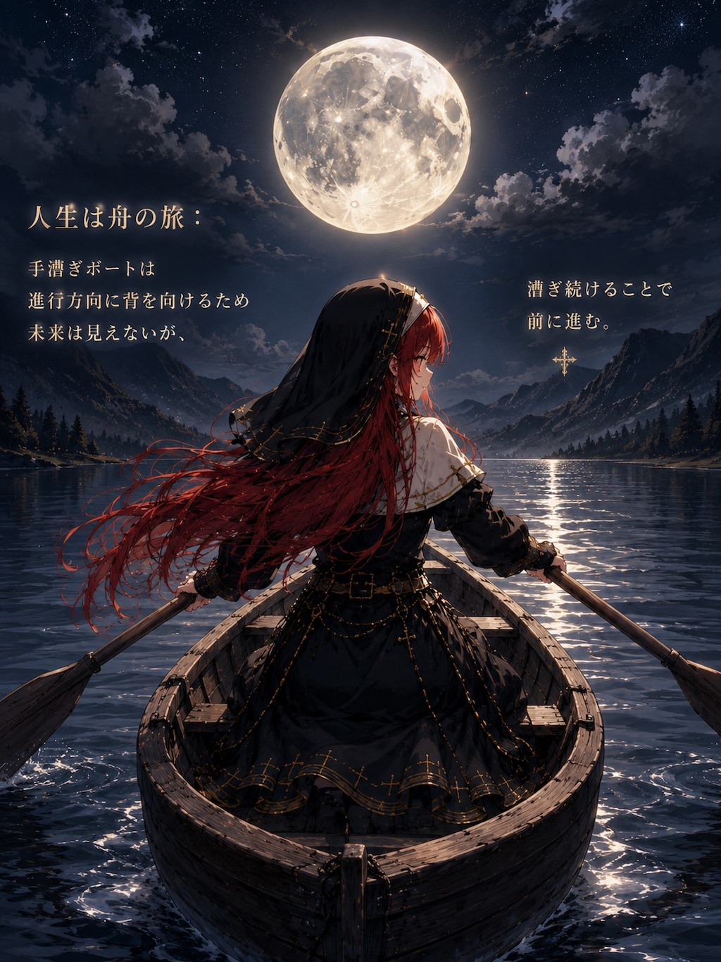 月明かりの湖を漕ぐ赤髪の修道女