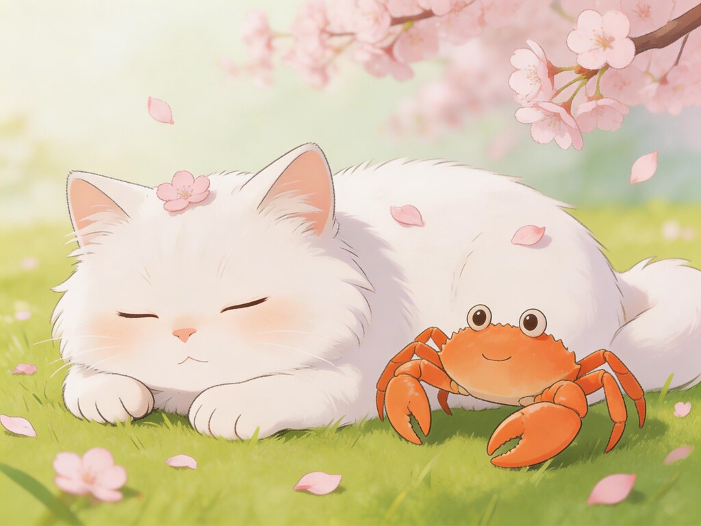 ねこさまの春眠が暁を覚えてしまいよる前に横切ることができるかに…？🦀💨