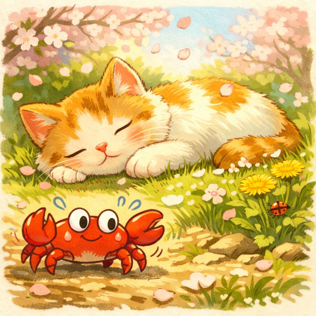 ねこさまの春眠が暁を覚えてしまいよる前に横切ることができるかに…？🦀💨