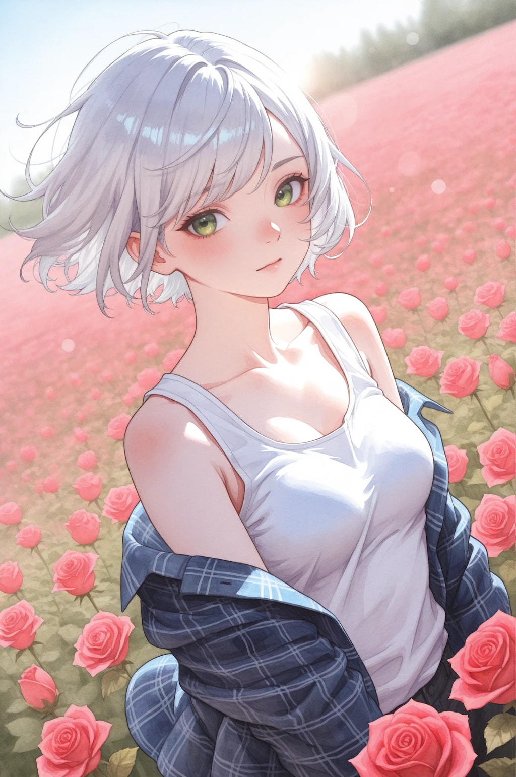 薔薇とフランネルシャツとタンクトップ