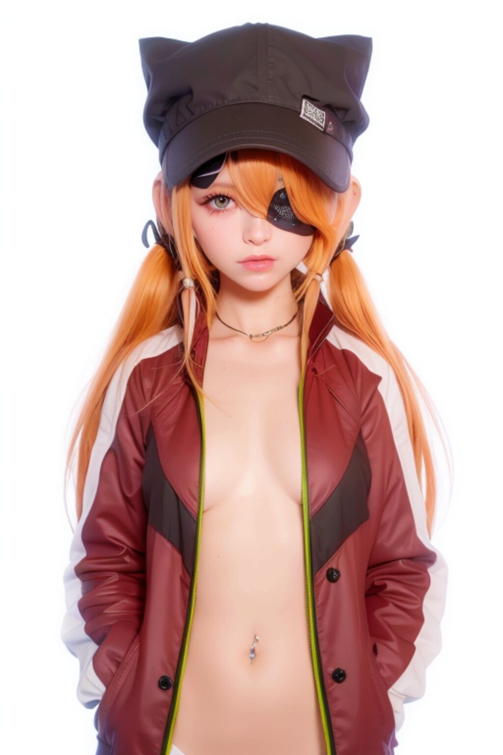 猫耳帽子の眼帯アスカAIコスプレイヤー