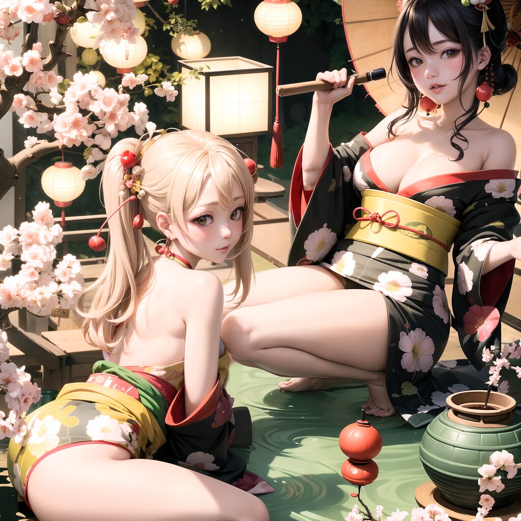 酒酔い花魁と梅の花