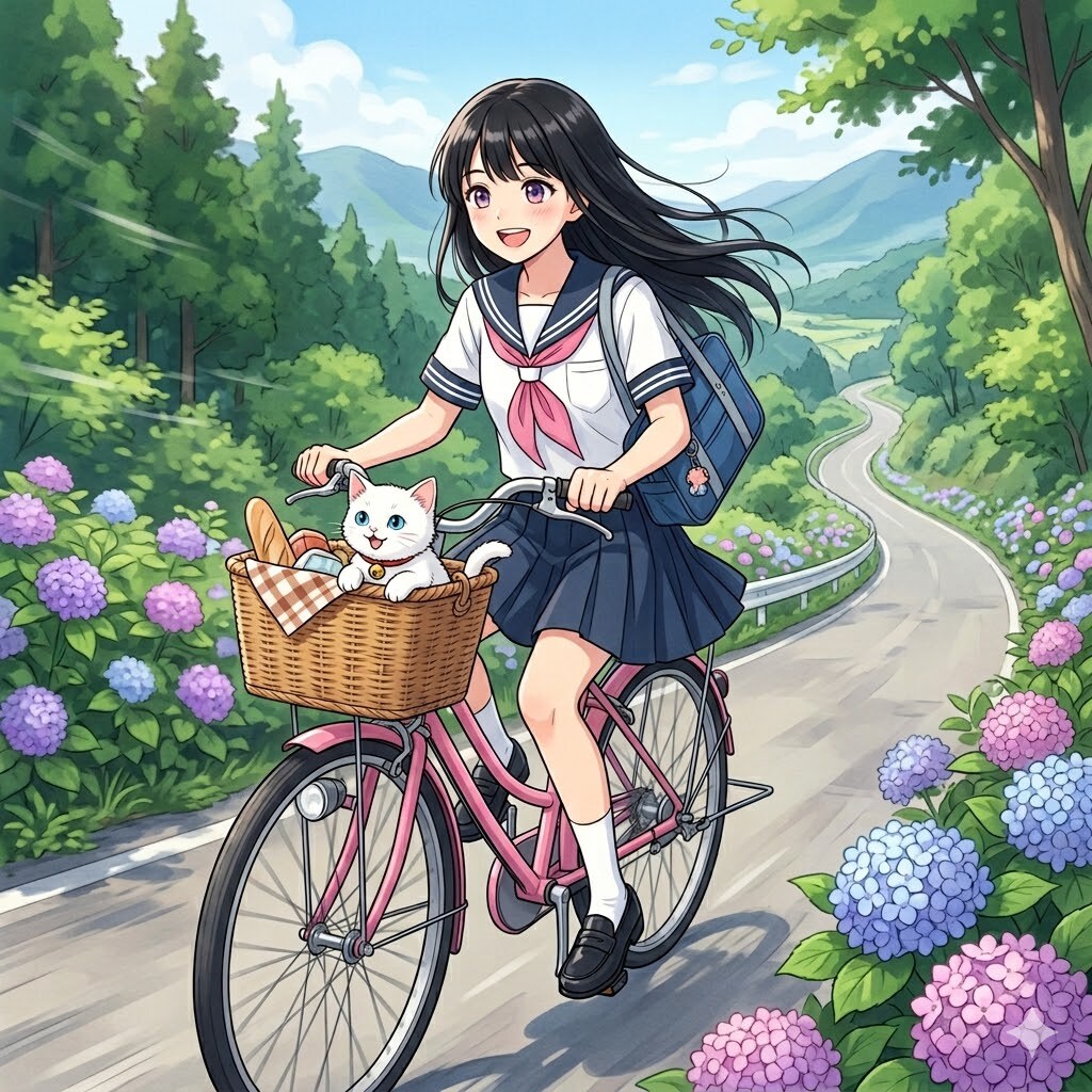 ねこたんを自転車に乗せてピクニックに出かける、ししょちゃん