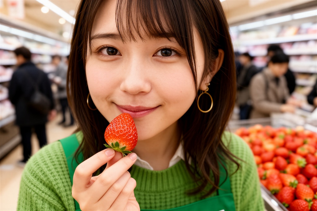 イチゴ売り場の店員