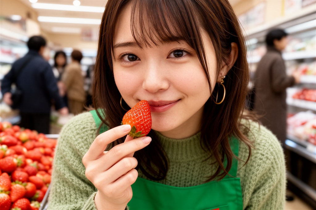 イチゴ売り場の店員