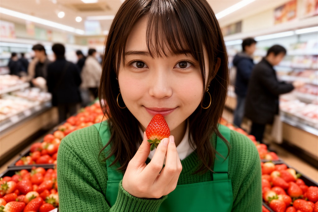 イチゴ売り場の店員