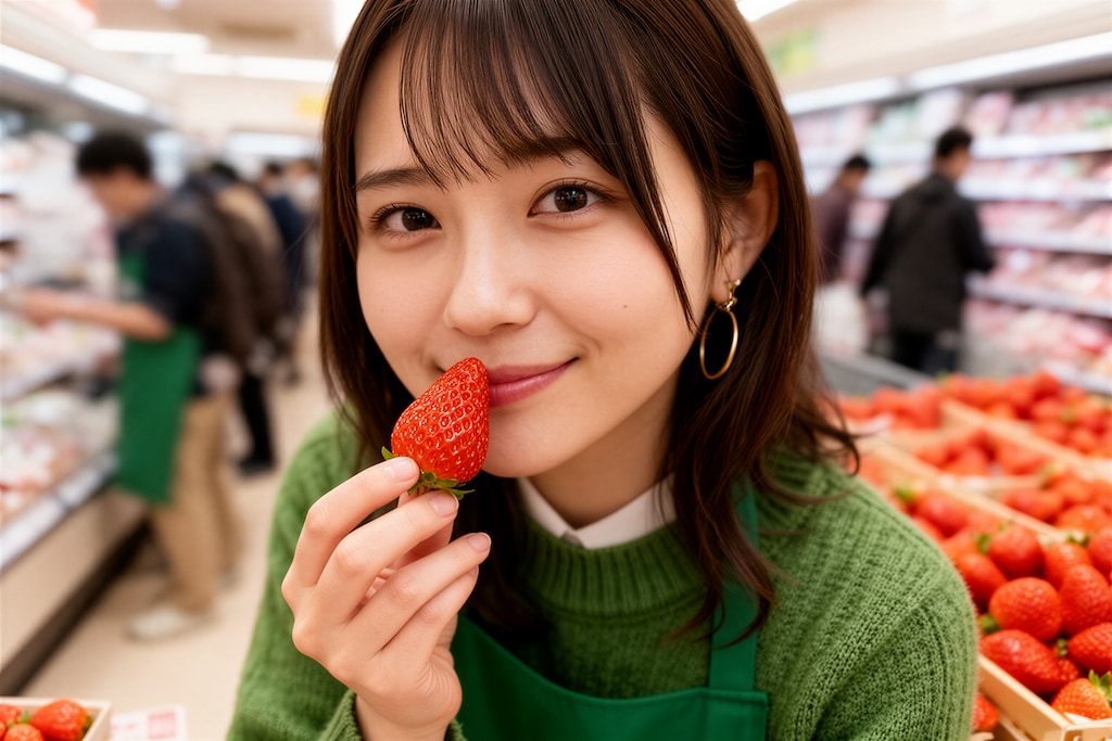 イチゴ売り場の店員