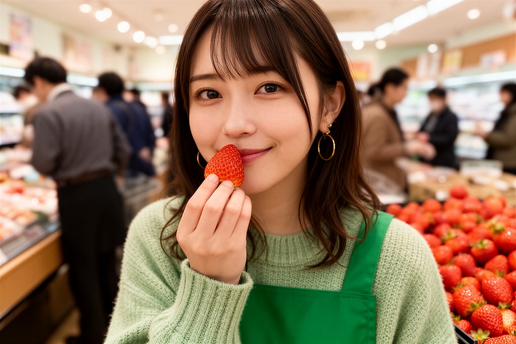イチゴ売り場の店員
