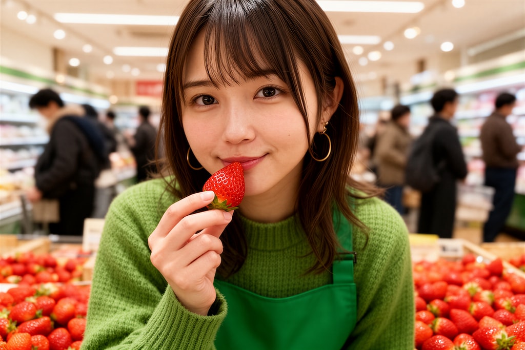 イチゴ売り場の店員