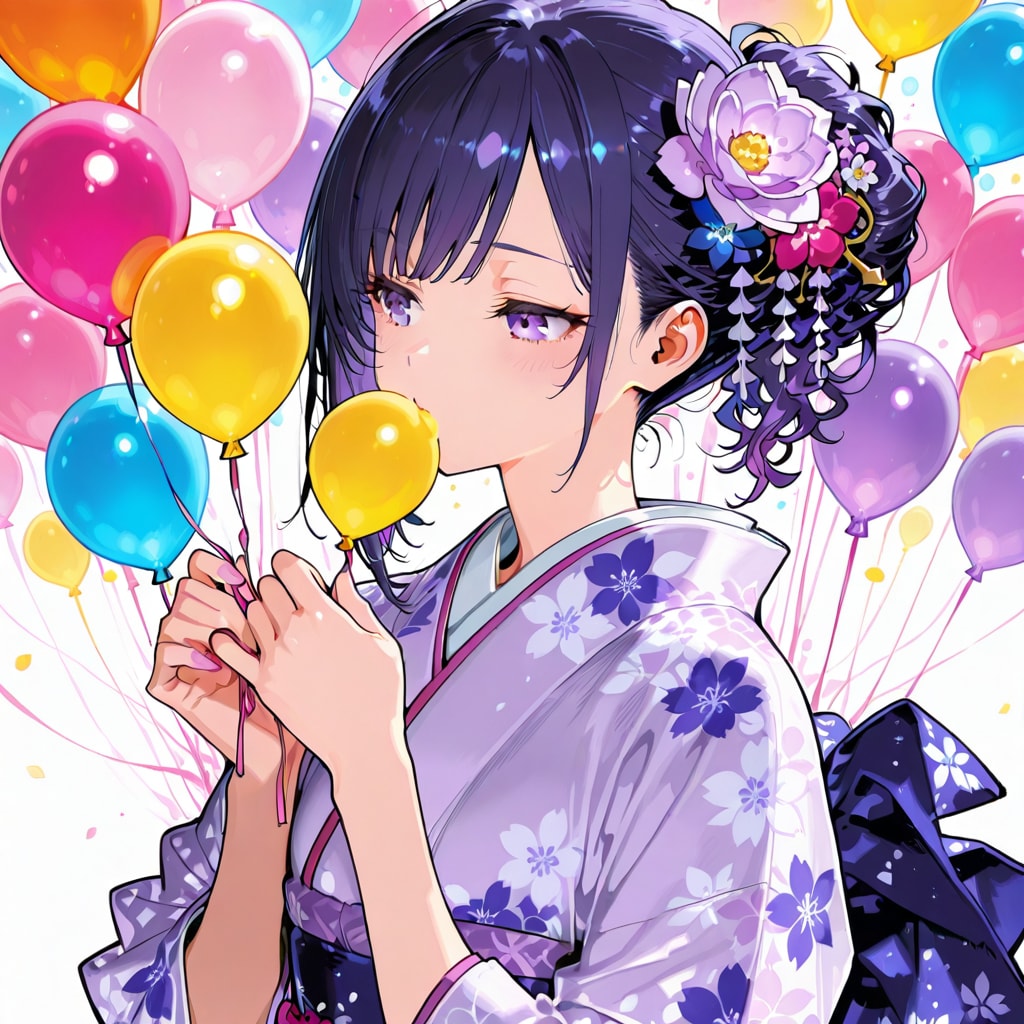色とりどりの風船を持つ紫髪お団子ヘアの着物着た美少女 | の人気AIイラスト・グラビア