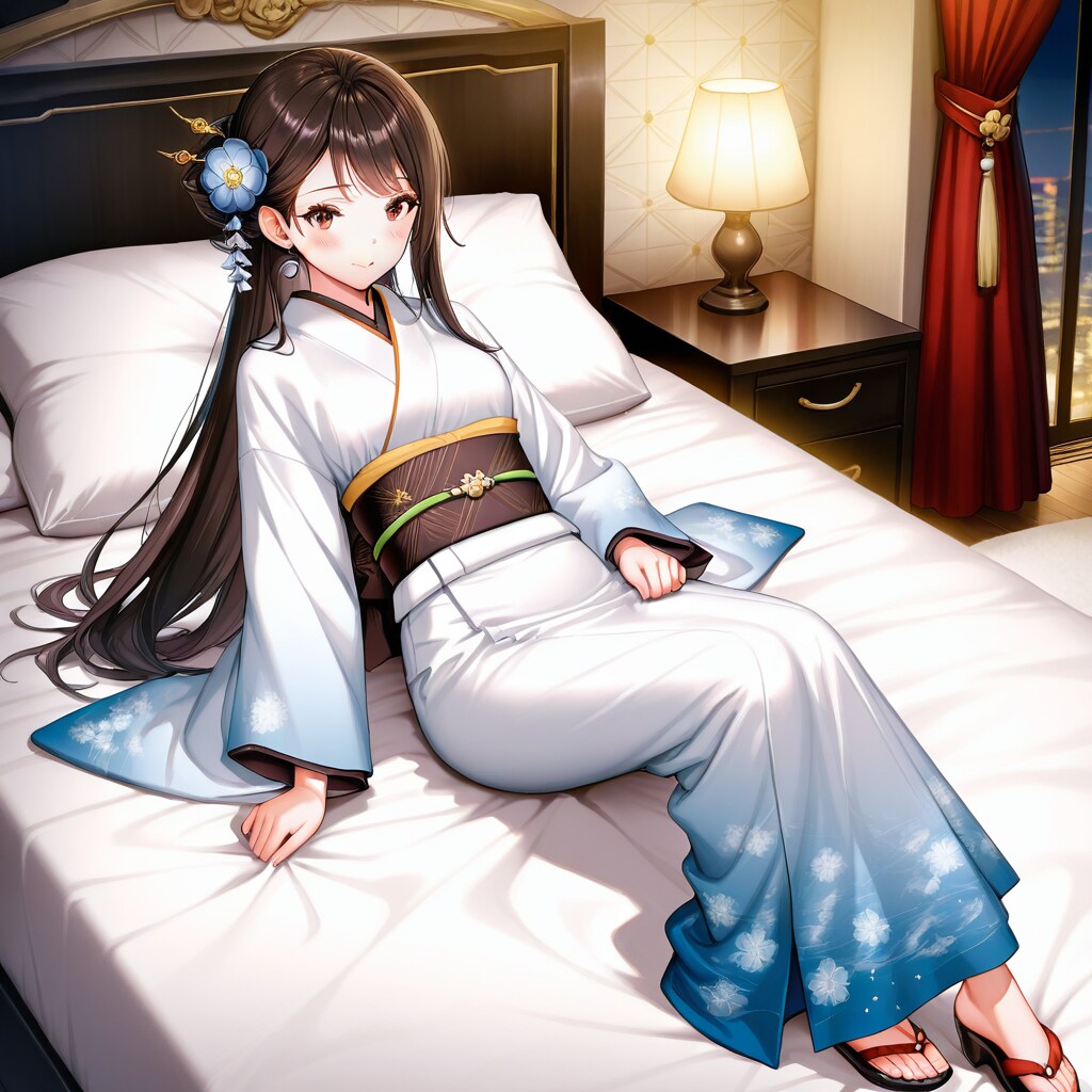 ベッドで待つ着物の女の子