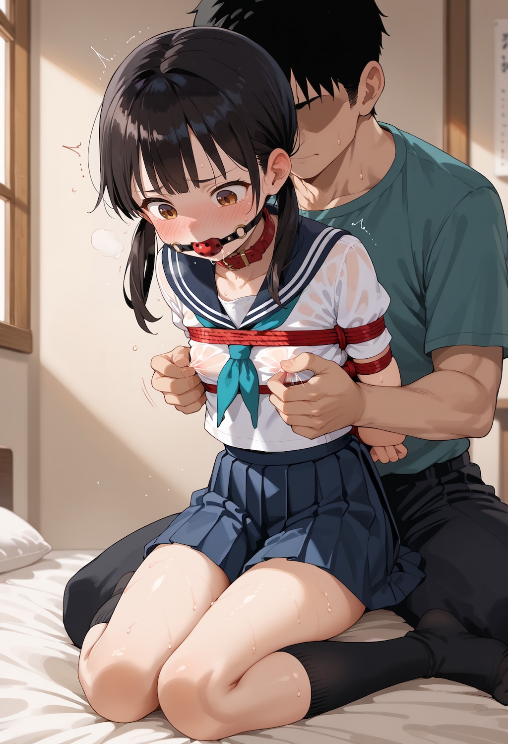 縛られてセーラー服の上から乳首を弄られる2