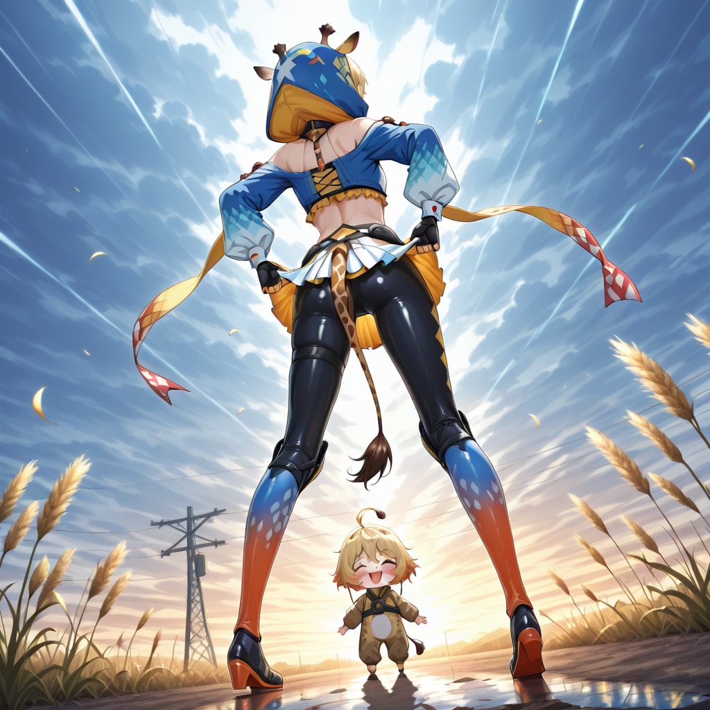 嵐の後の麦畑とキリンフーディーお姉さんの背中とちび子ちゃん