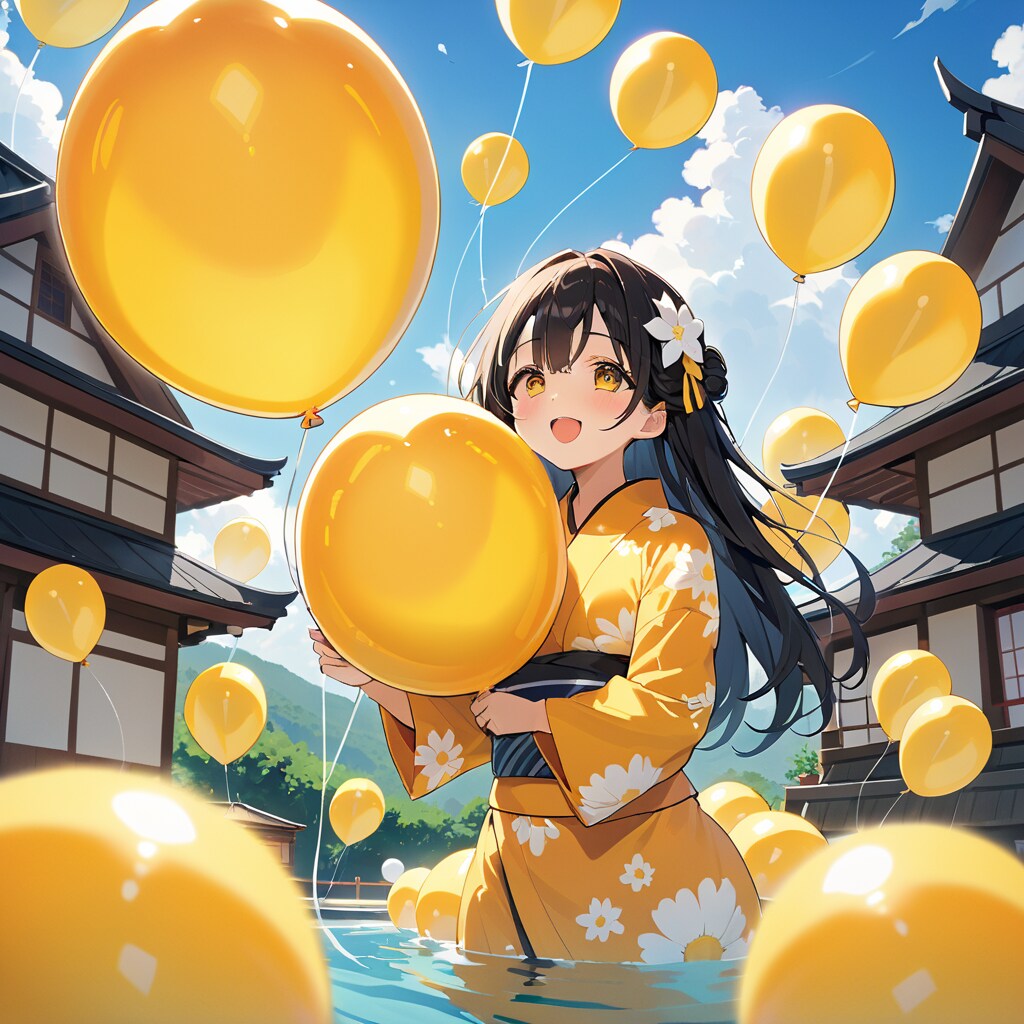 温泉に浸かって黄色い風船をいっぱい膨らませる浴衣姿の美女 | の人気AIイラスト・グラビア