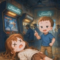 パキスタンのゲーセンで鉄拳をする小さな女の子 5枚目