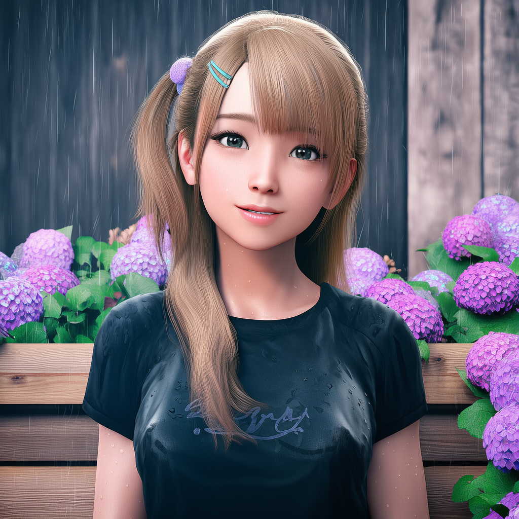 紫陽花の咲く庭で雨で濡れる女性