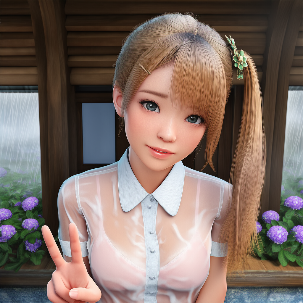 紫陽花の咲く庭で雨で濡れる女性