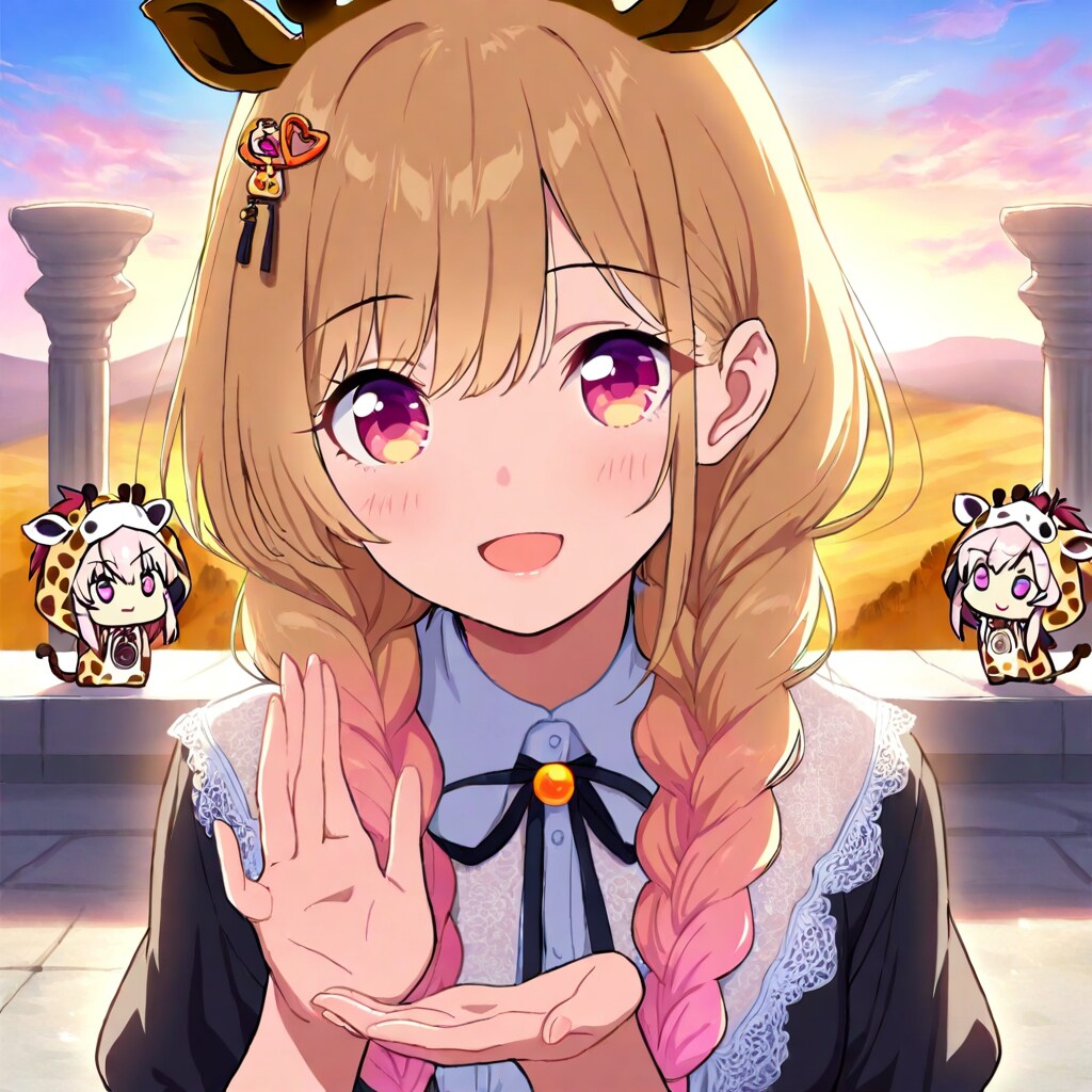 朝焼けとキリン着ぐるみお姉さんと奥にちび子ちゃん