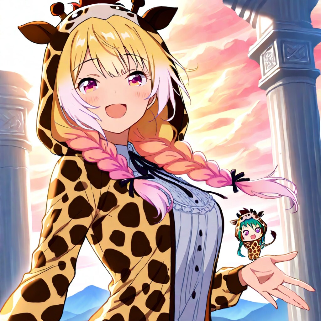 朝焼けとキリン着ぐるみお姉さんと奥にちび子ちゃん