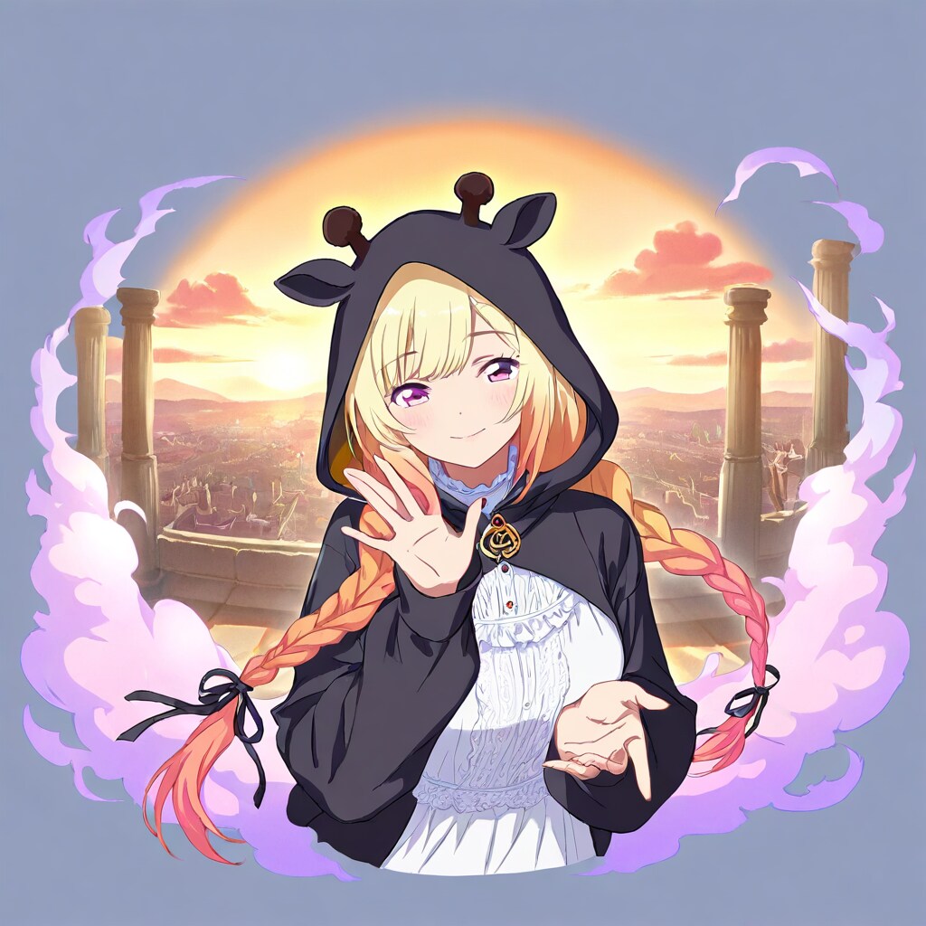 朝焼けとキリン着ぐるみお姉さんと奥にちび子ちゃん