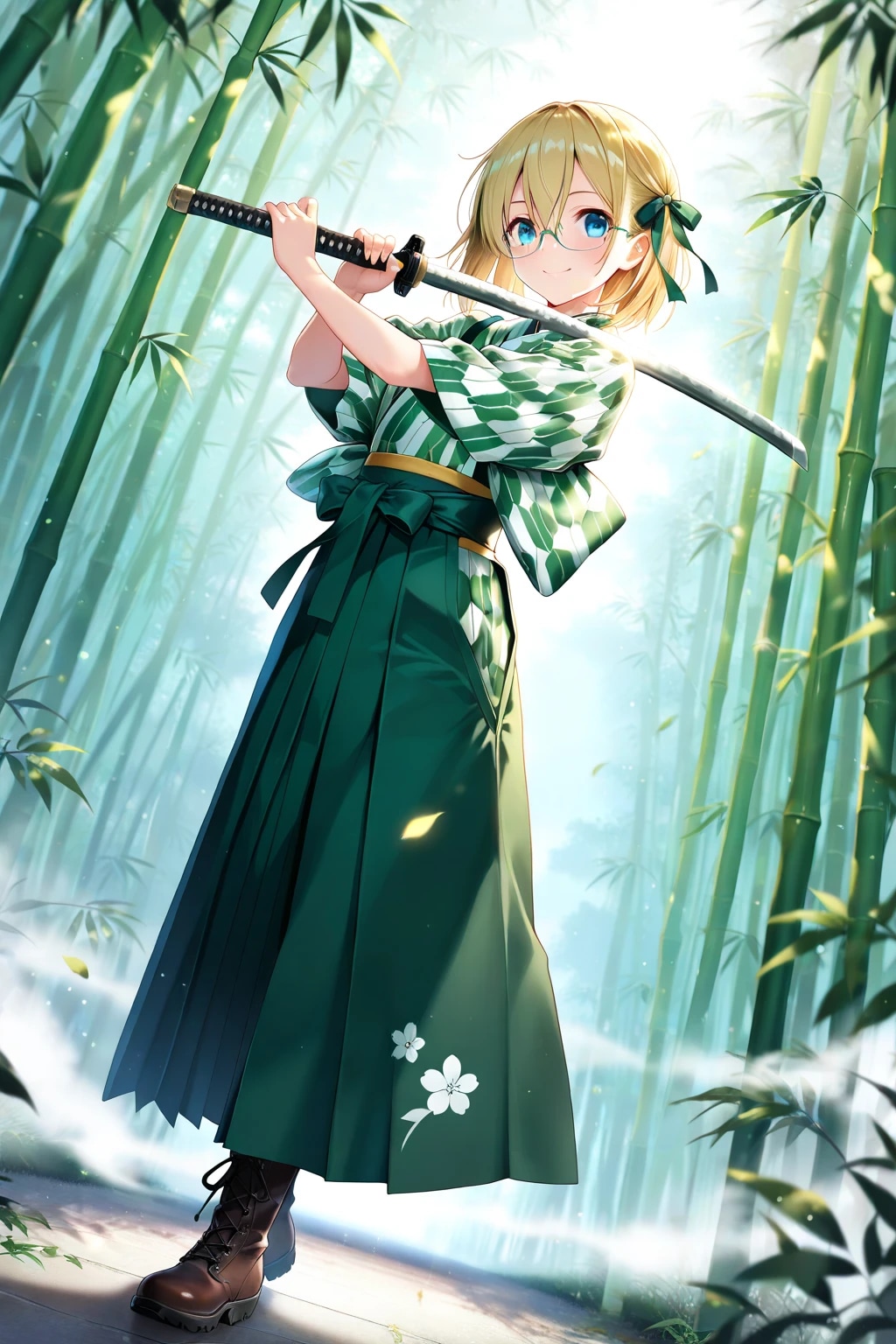 竹林に緑の矢絣