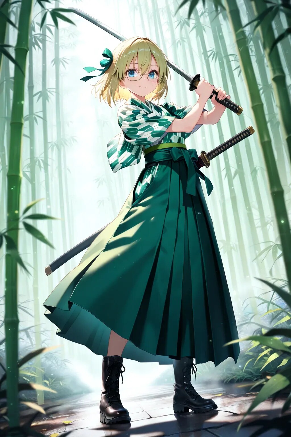 竹林に緑の矢絣