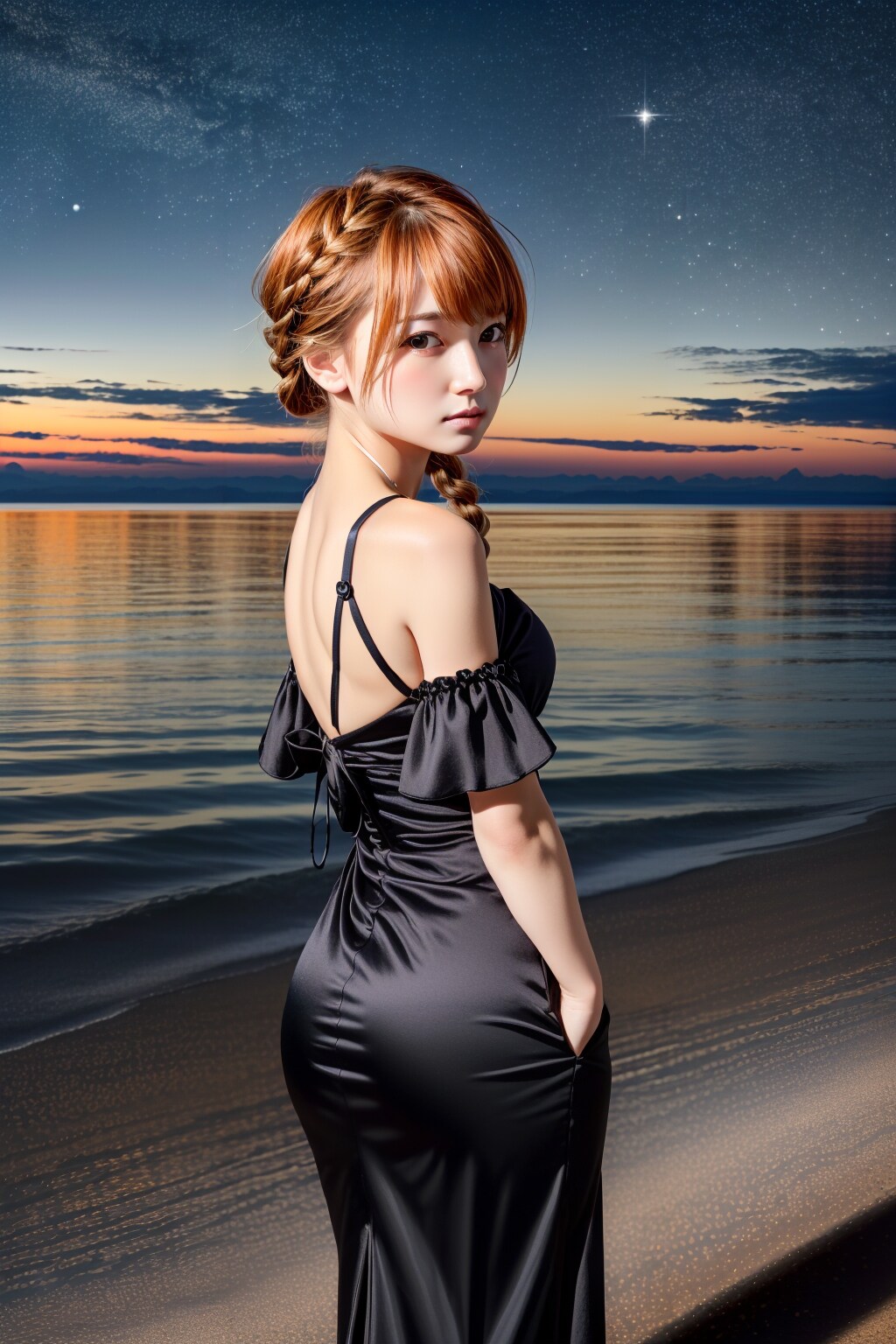 夕焼けをバックに振り替えるロングドレスの女性