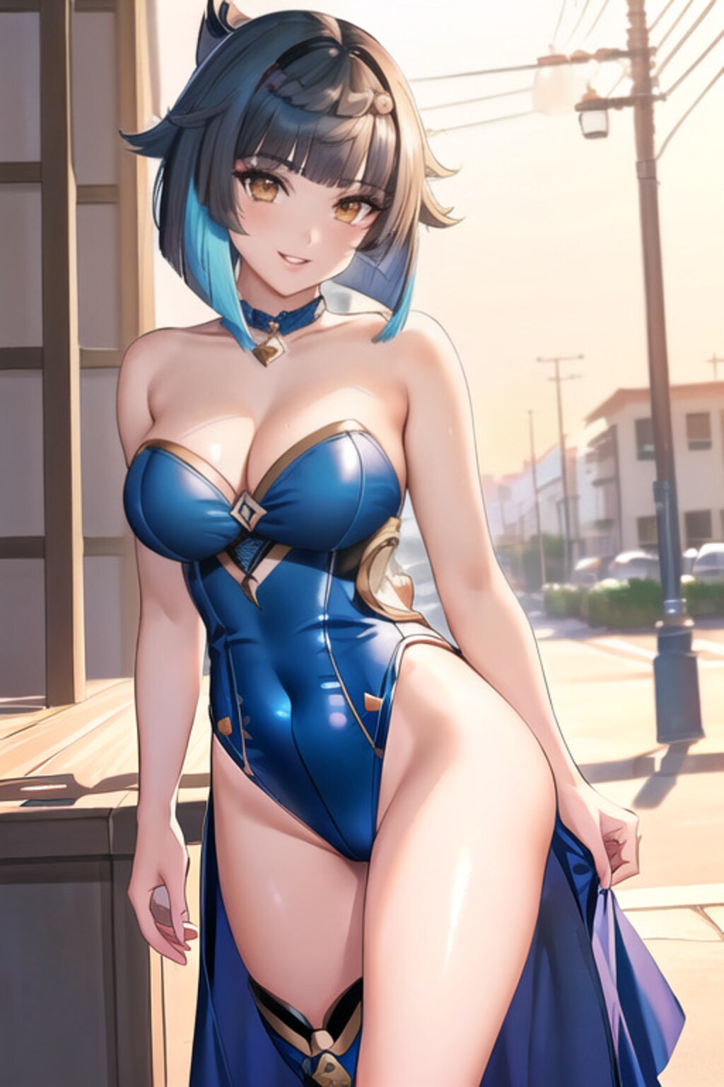 青いドレスのスタイリッシュ美女