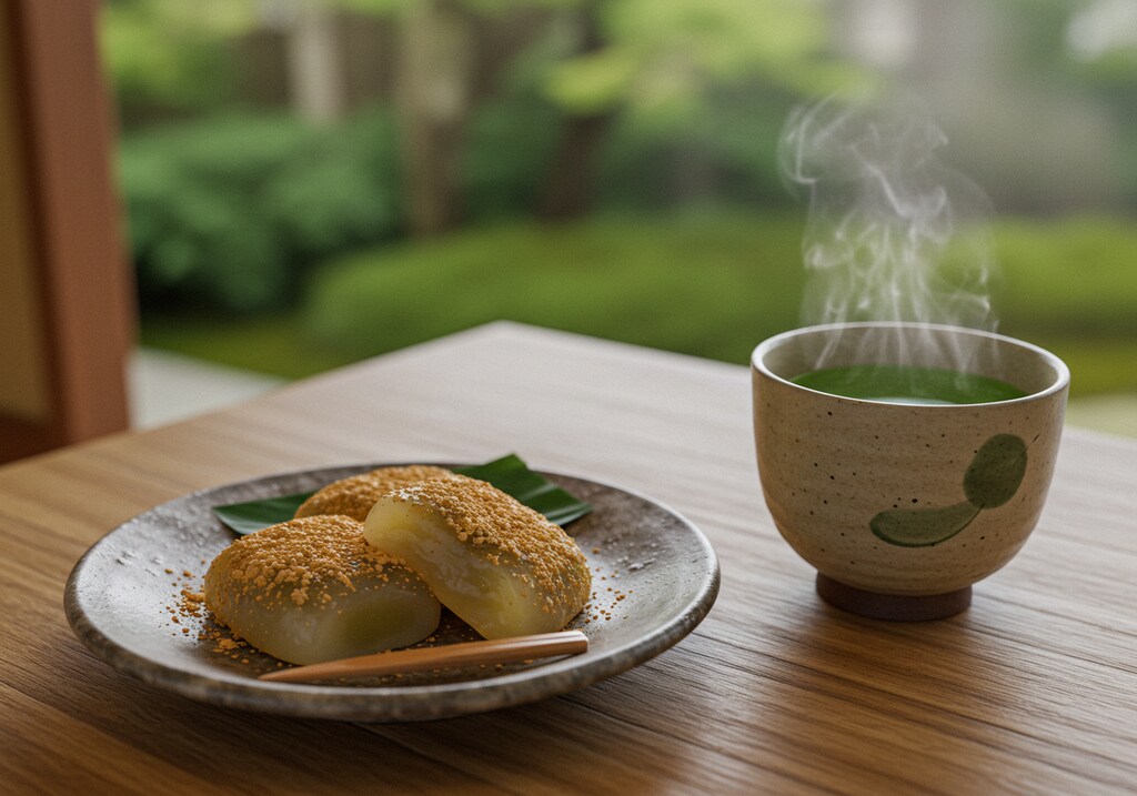 デザートの蕨餅と緑茶のセット2種類