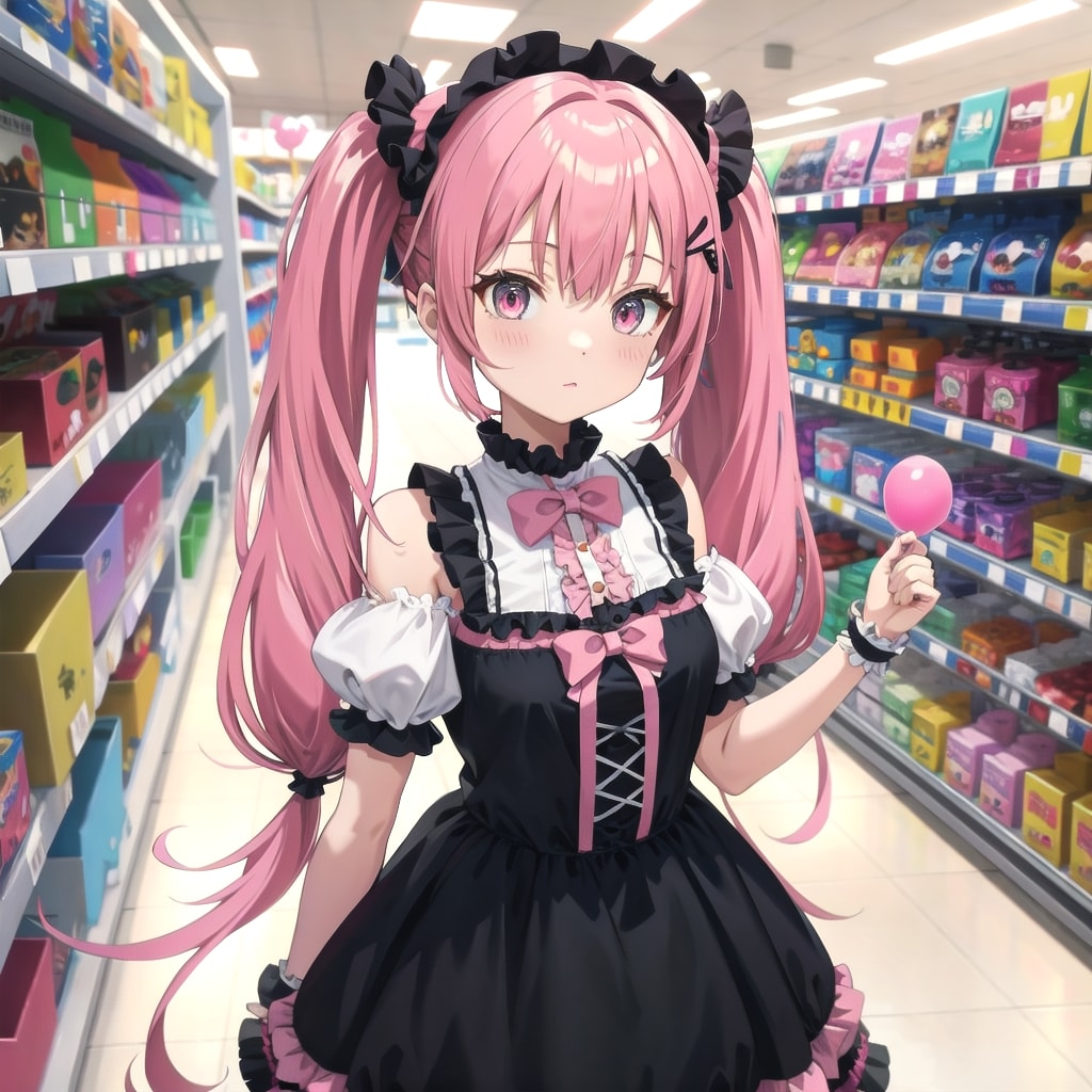 コンビニで小さい風船を持つピンク髪ツインテールのゴスロリ衣装着た美少女 | の人気AIイラスト・グラビア