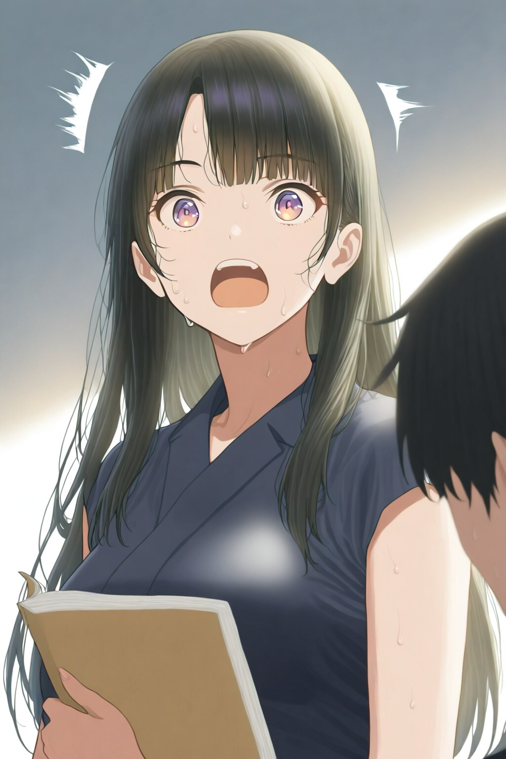 薄い本を読んでいたらいきなり弟が部屋に入ってきて驚く女性