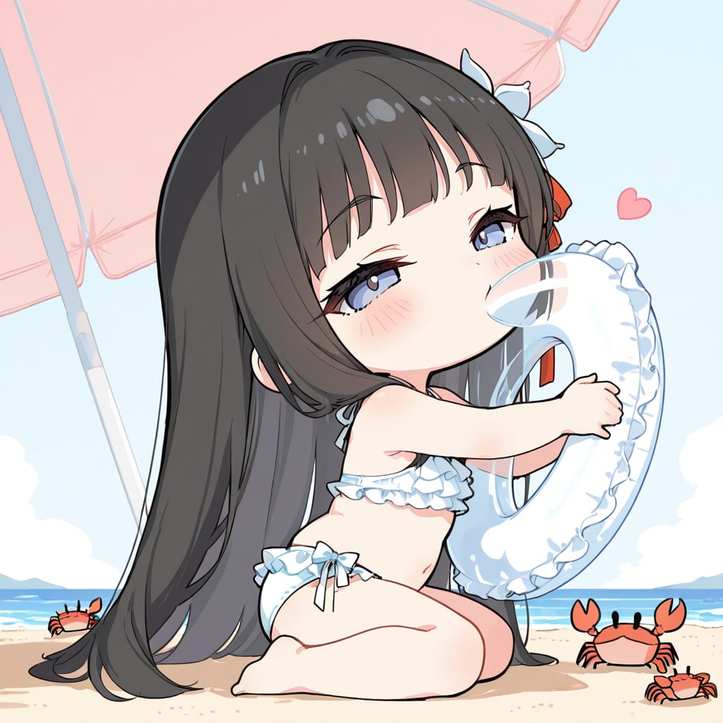 うきわをふくらませたいちび姫