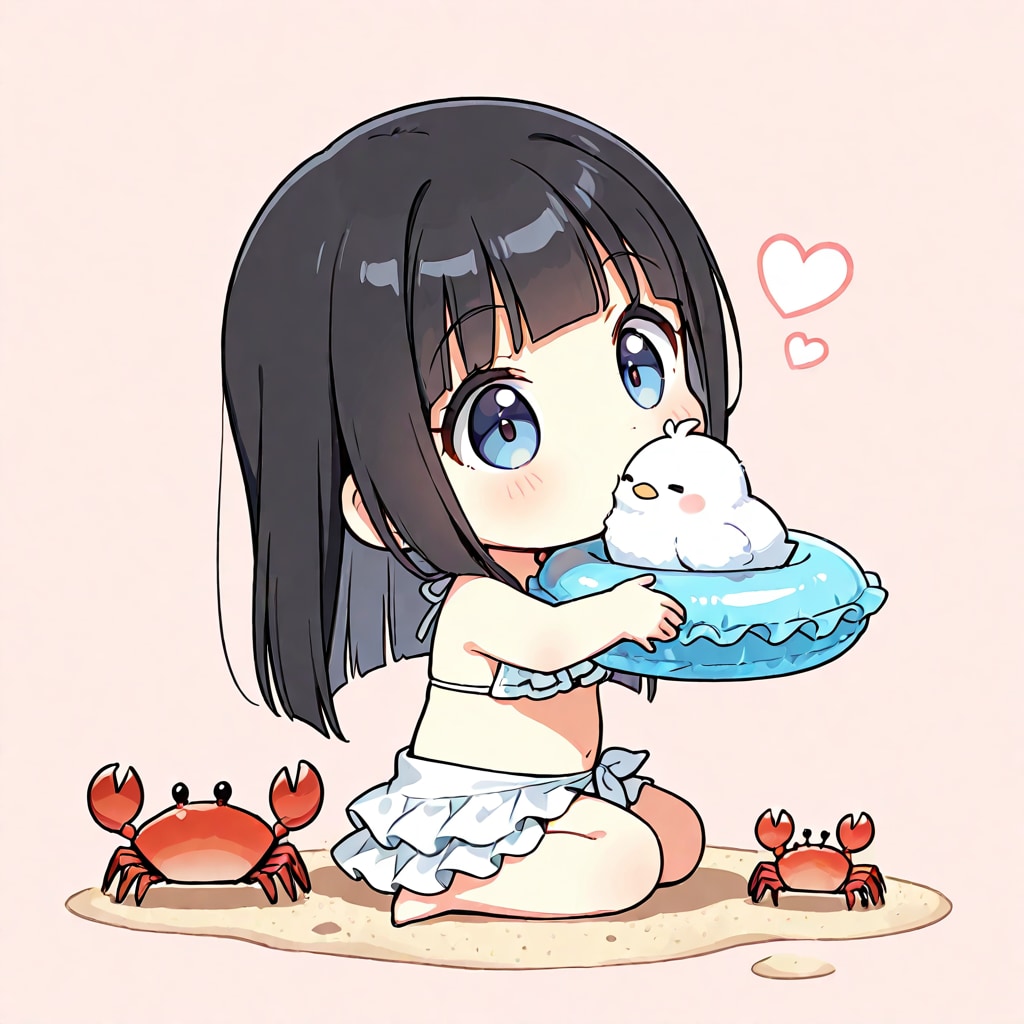 うきわをふくらませたいちび姫