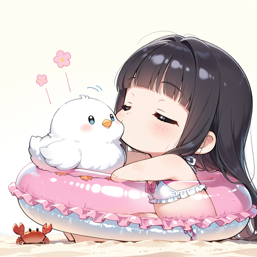 うきわをふくらませたいちび姫
