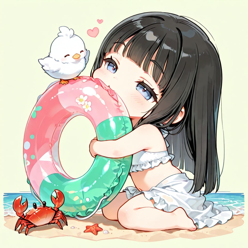 うきわをふくらませたいちび姫