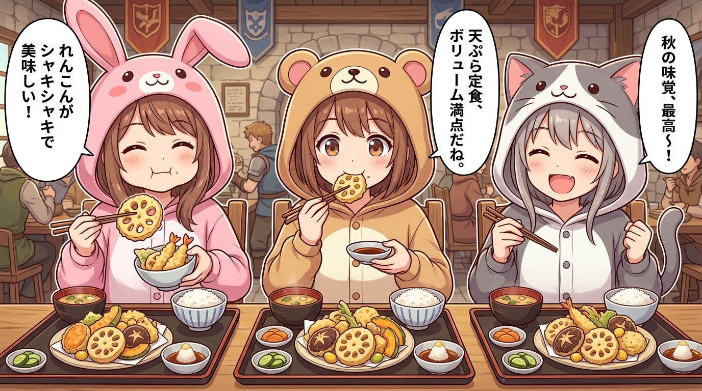 【襲来！秋の味覚！】着ぐるみ冒険者ｘ天ぷら定食 | の人気AIイラスト・グラビア