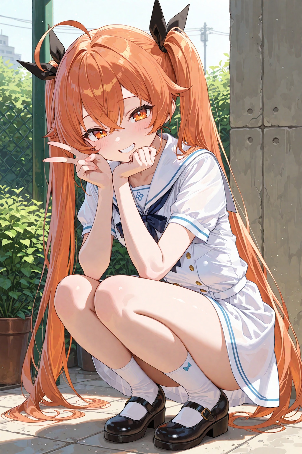 うちの子でしゃがみピース