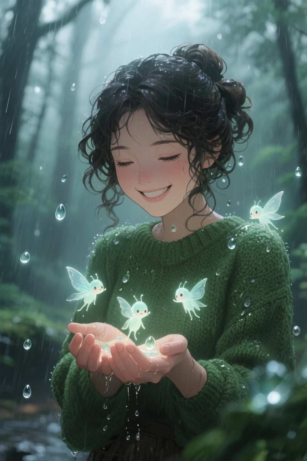 手のひらで生まれる雨の精霊 | の人気AIイラスト・グラビア