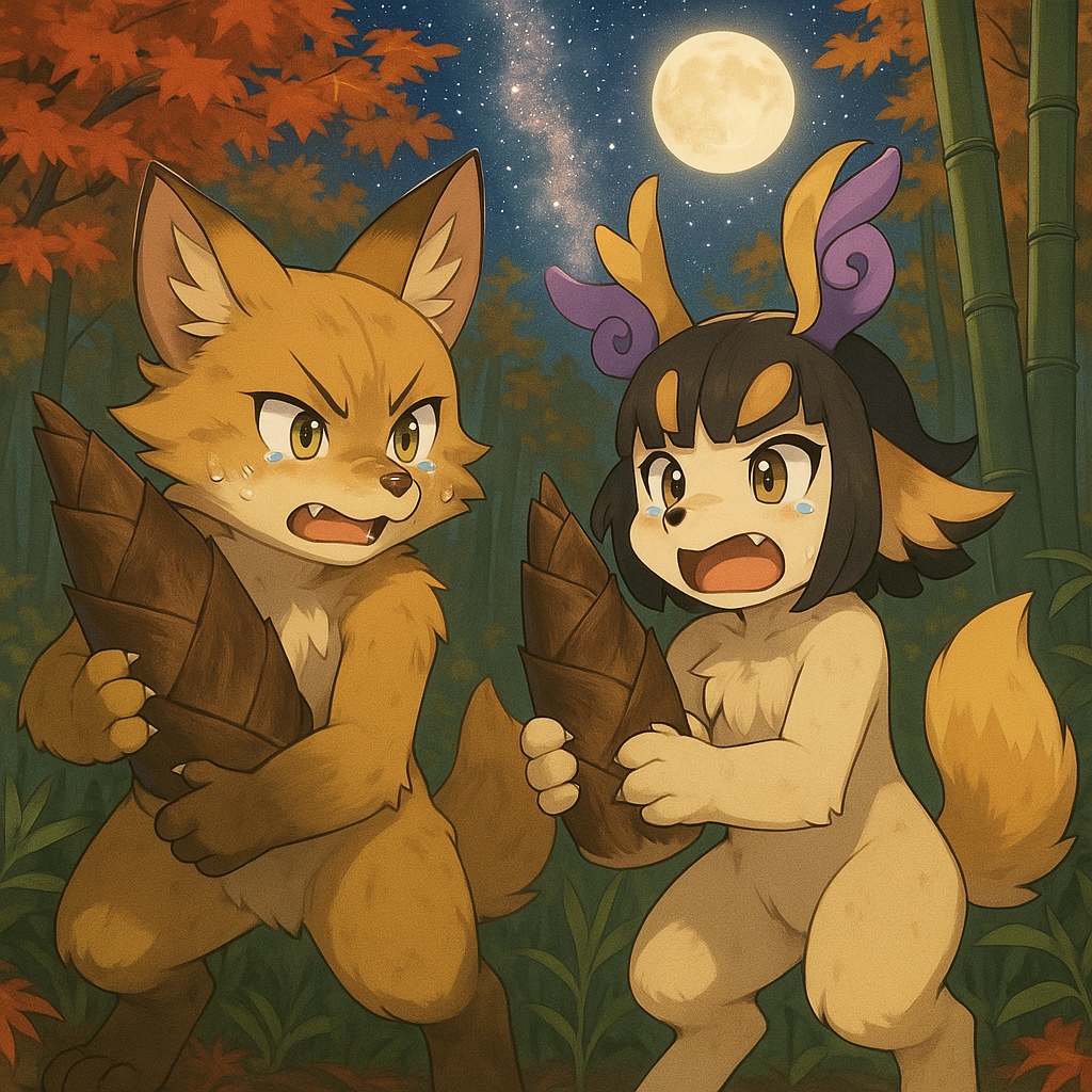 朝飯のタケノコを取り合うケモノたち